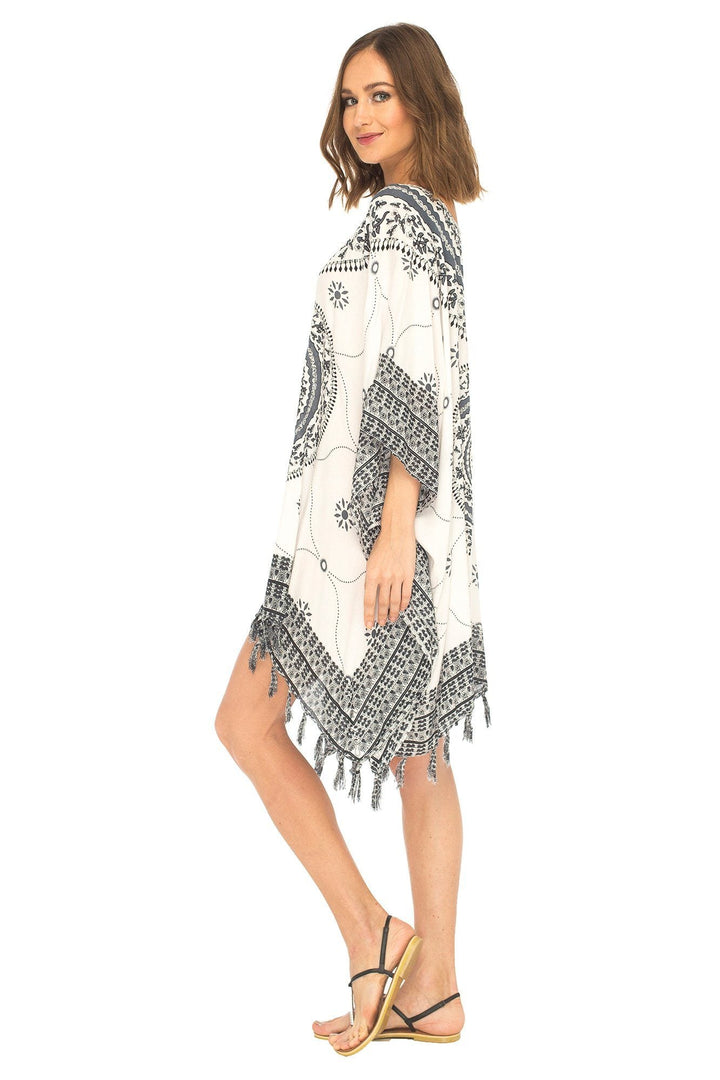 SHU - SHI Women's Short Poncho Beach Dress - Ethnic Mandala Cover - Up Kaftan with V - Neck and Sequins - Love ShuShi
