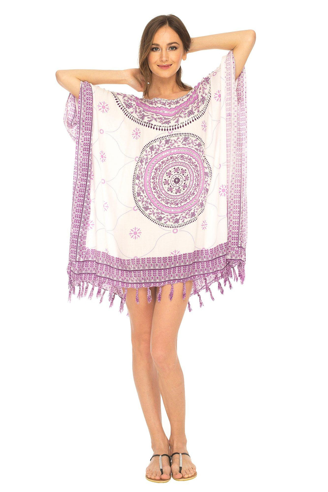 SHU - SHI Women's Short Poncho Beach Dress - Ethnic Mandala Cover - Up Kaftan with V - Neck and Sequins - Love ShuShi