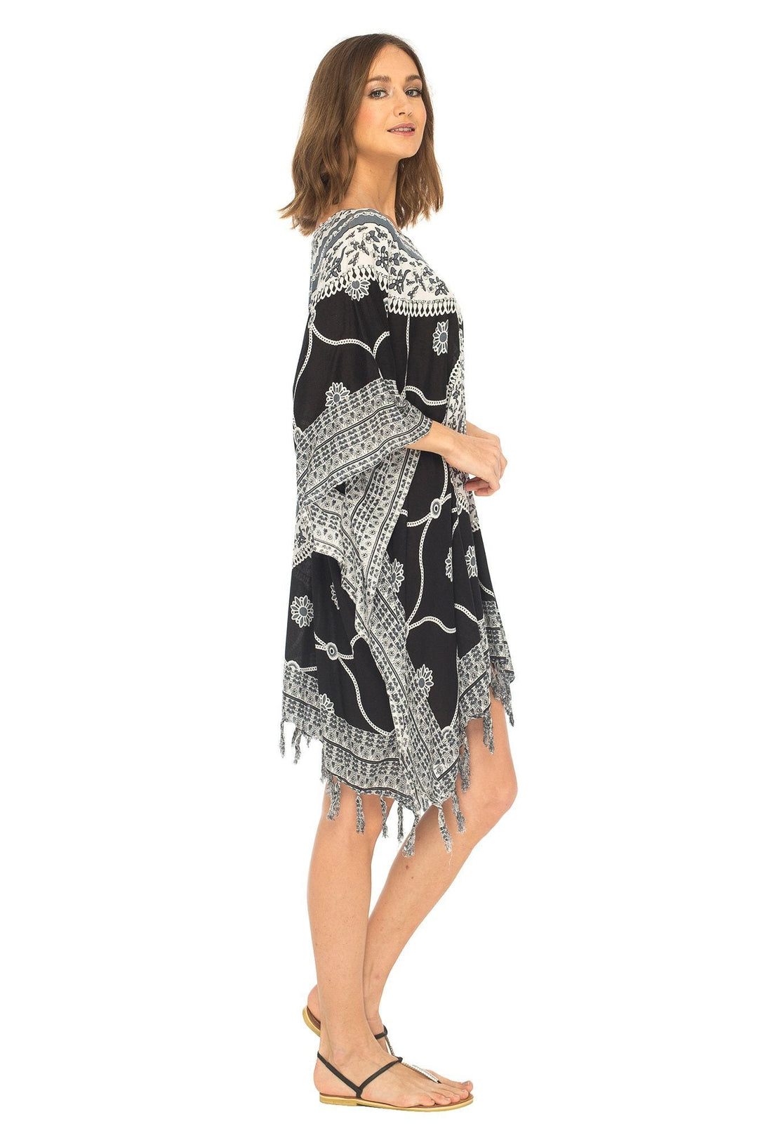 SHU - SHI Women's Short Poncho Beach Dress - Ethnic Mandala Cover - Up Kaftan with V - Neck and Sequins - Love ShuShi