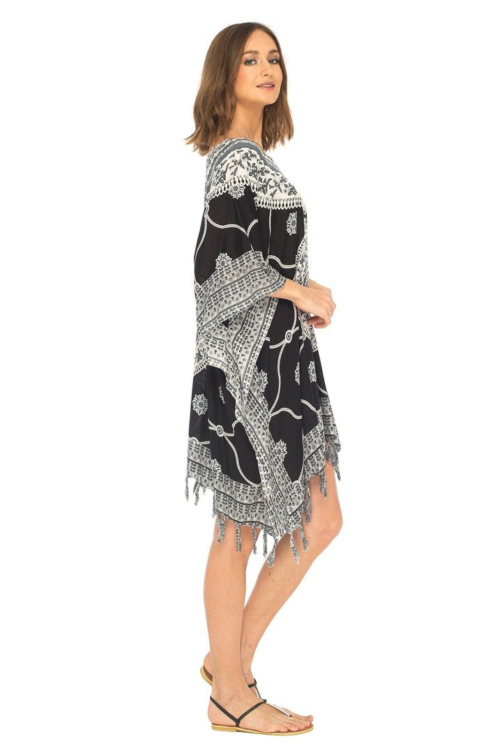 SHU - SHI Women's Short Poncho Beach Dress - Ethnic Mandala Cover - Up Kaftan with V - Neck and Sequins - Love ShuShi