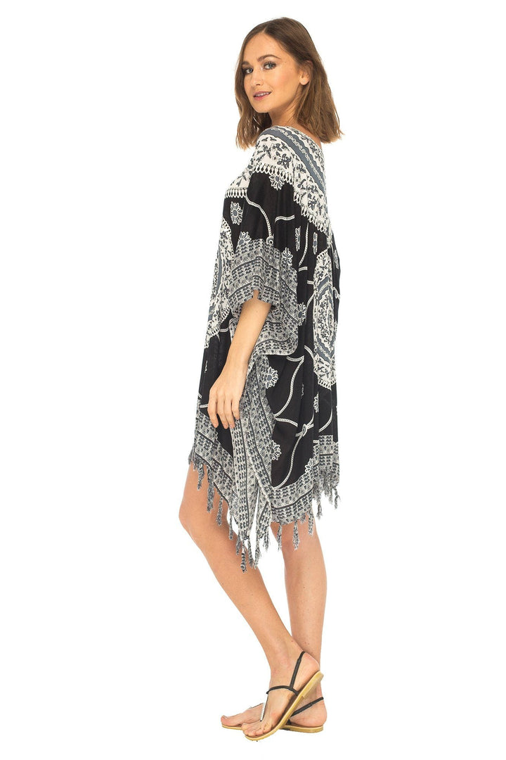 SHU - SHI Women's Short Poncho Beach Dress - Ethnic Mandala Cover - Up Kaftan with V - Neck and Sequins - Love ShuShi