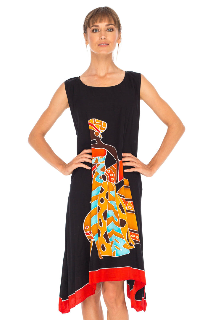 Hand Painted Tribal Design Short sleeveless summer Dress Love-Shu-Shi-black