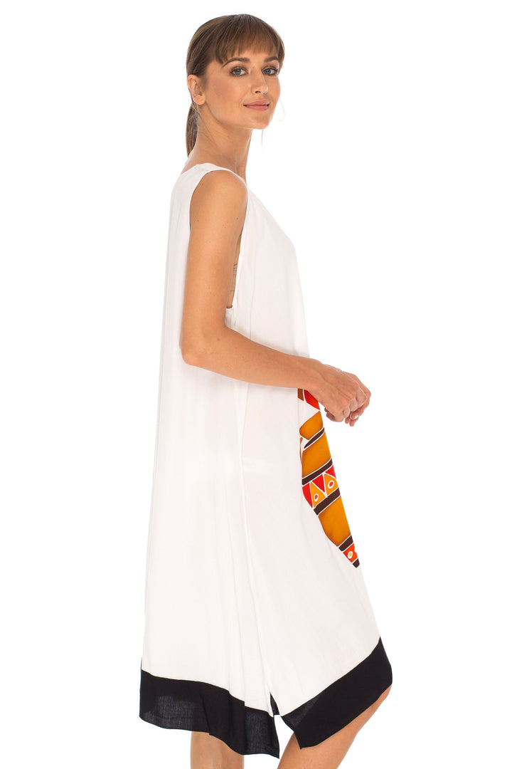 Hand Painted Tribal Design Short sleeveless summer Dress Love-Shu-Shi-white