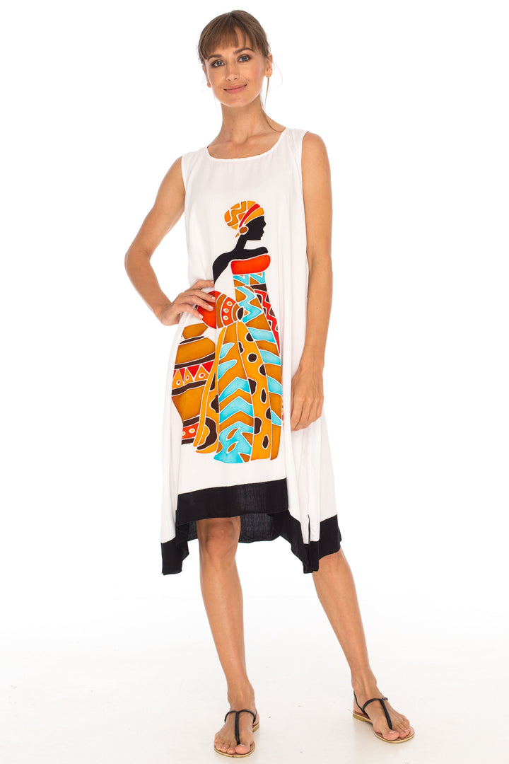 Hand Painted Tribal Design Short sleeveless summer Dress Love-Shu-Shi-white
