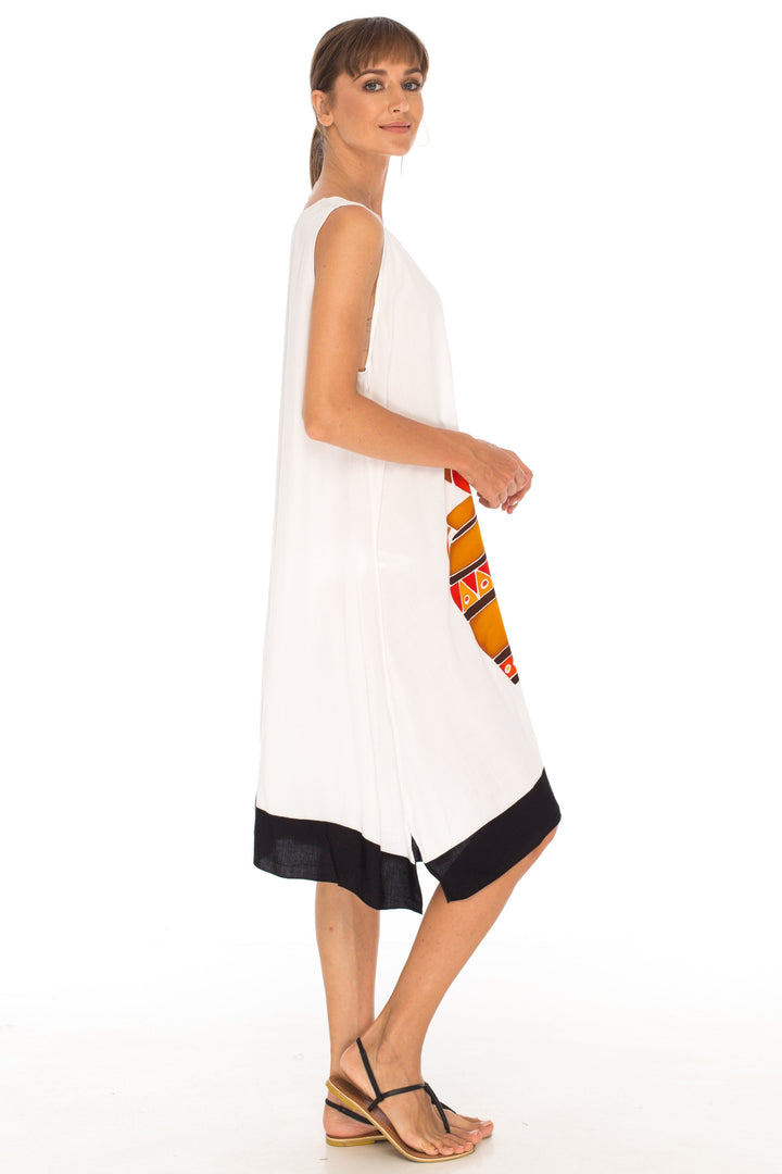 Hand Painted Tribal Design Short sleeveless summer Dress Love-Shu-Shi-white