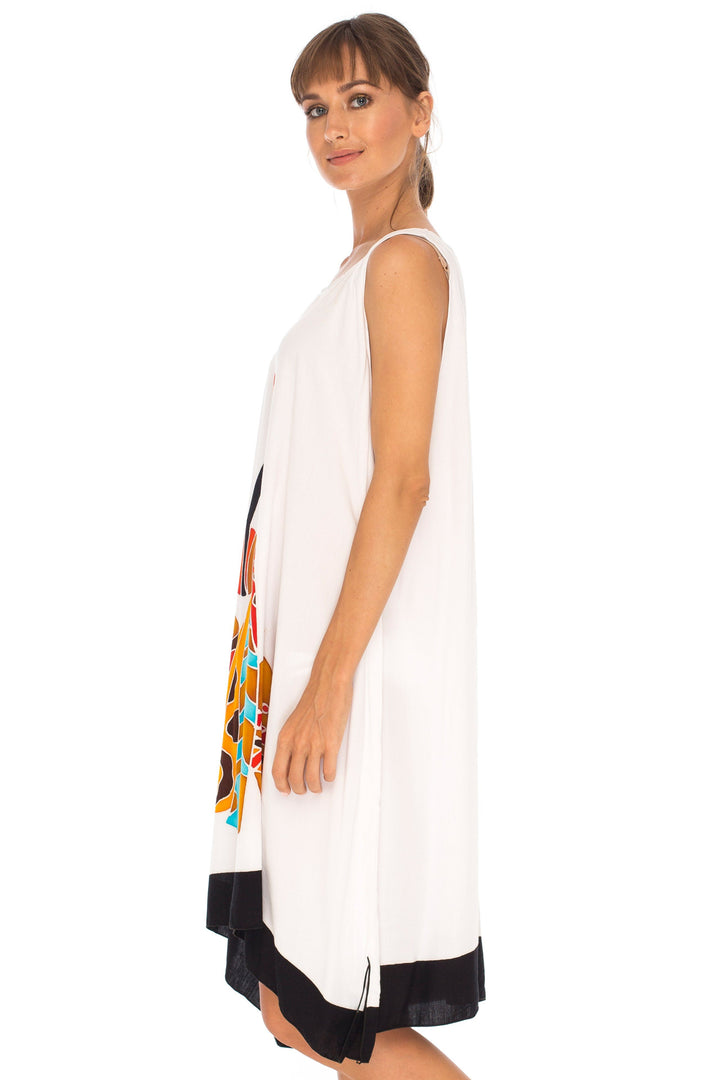 Hand Painted Tribal Design Short sleeveless summer Dress Love-Shu-Shi-white