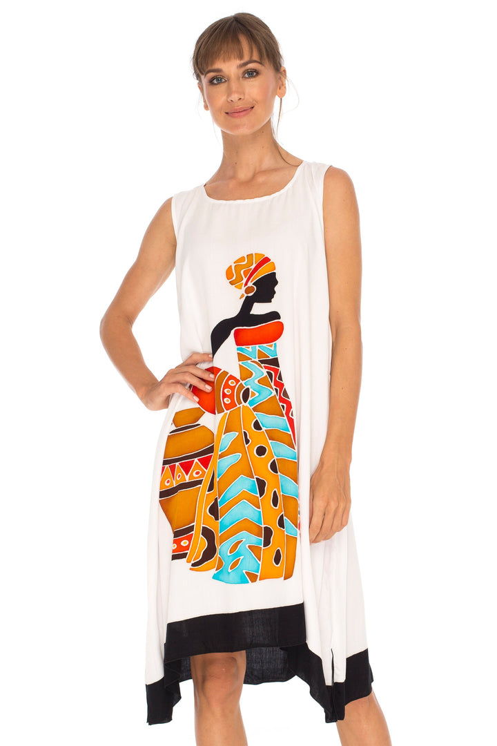 Hand Painted Tribal Design Short sleeveless summer Dress Love-Shu-Shi-white