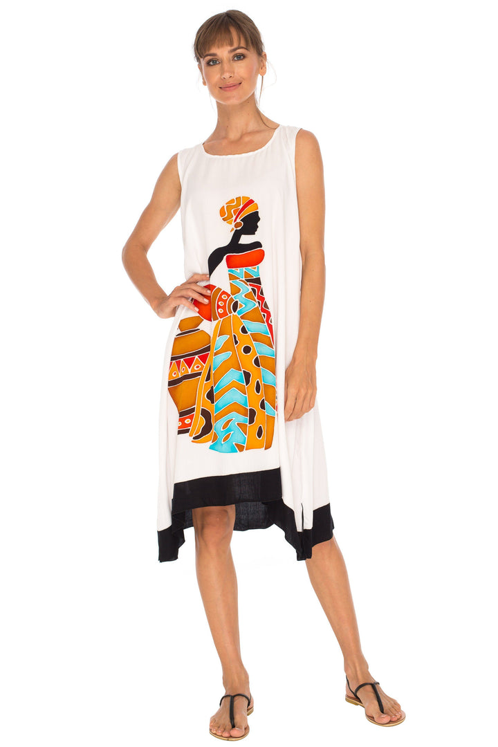 Hand Painted Tribal Design Short sleeveless summer Dress Love-Shu-Shi-white