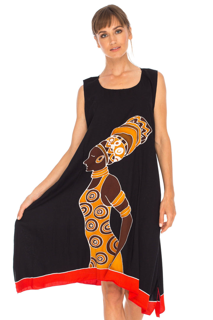 Hand Painted Tribal Design Short sleeveless summer Dress Love-Shu-Shi-black