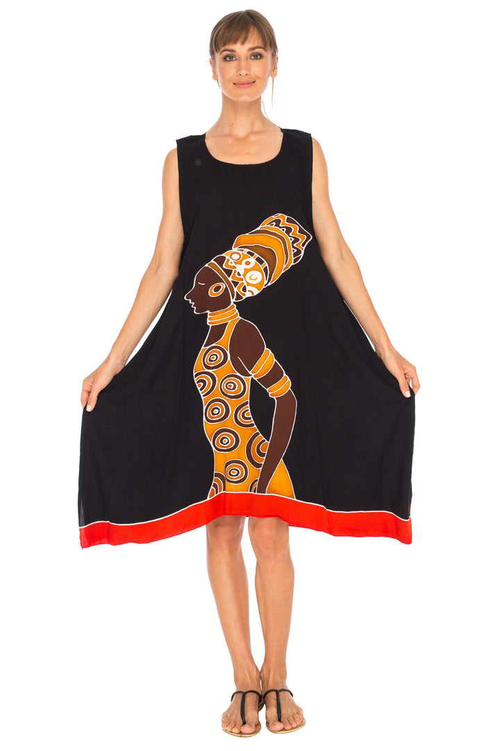 Hand Painted Tribal Design Short sleeveless summer Dress Love-Shu-Shi-black