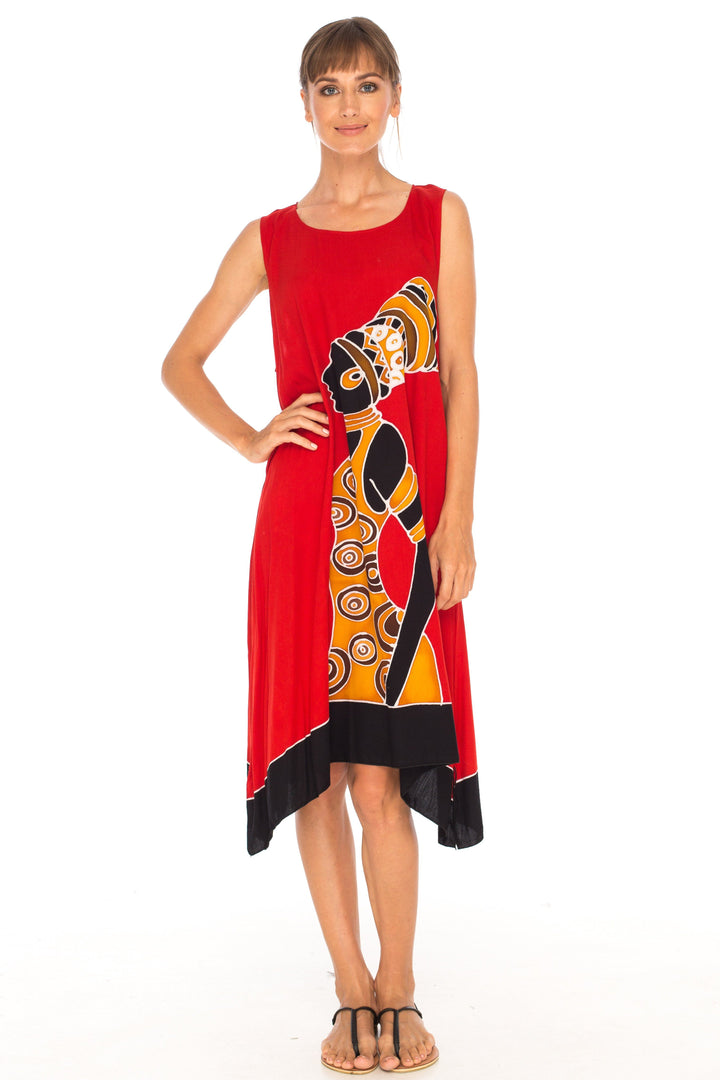 Hand Painted Tribal Design Short sleeveless summer Dress Love-Shu-Shi-red