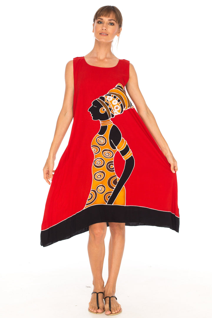 Hand Painted Tribal Design Short sleeveless summer Dress Love-Shu-Shi-red