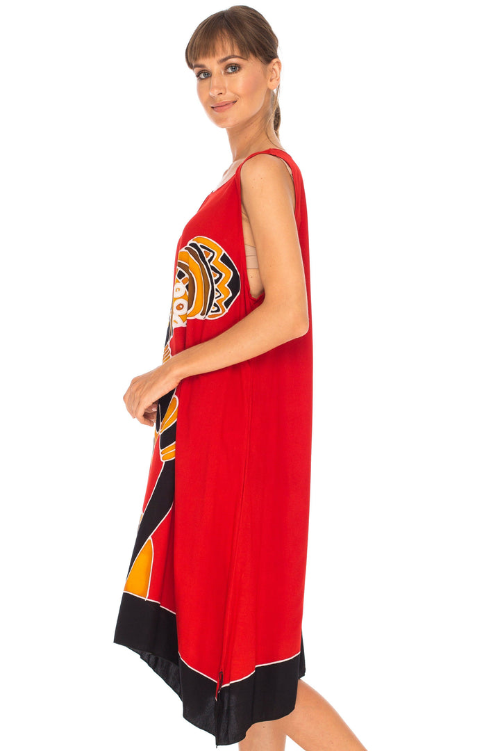 Hand Painted Tribal Design Short sleeveless summer Dress Love-Shu-Shi-red