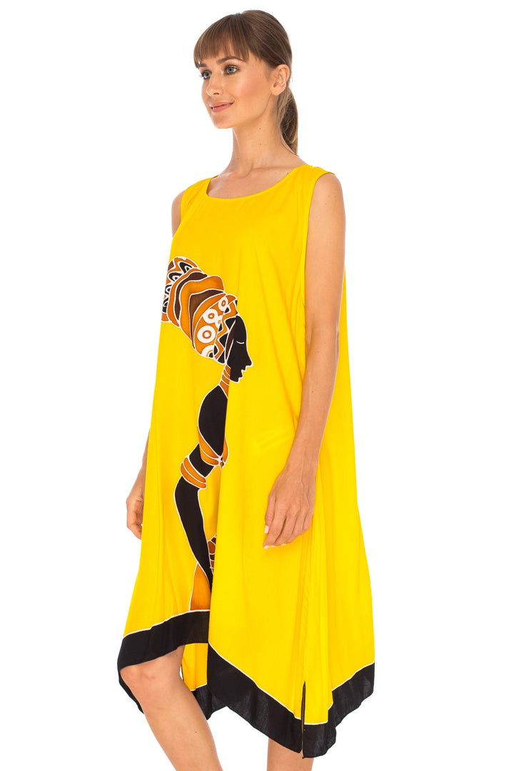 Hand Painted Tribal Design Short sleeveless summer Dress Love-Shu-Shi-yellow