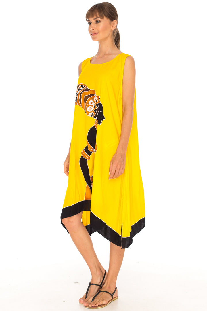 Hand Painted Tribal Design Short sleeveless summer Dress Love-Shu-Shi-yellow